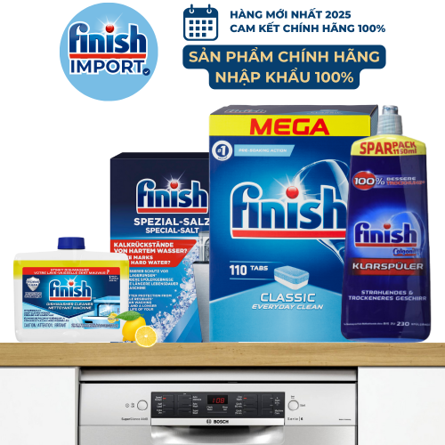 Mega Combo 4 món: 110 viên Finish Classic (hương nguyên bản) + 1,2kg muối Finish + 1150ml nước làm bóng Finish + 250ml vệ sinh máy Finish